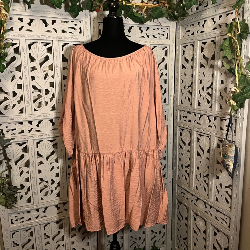 H&M BOHO SILKY PINK CHAMPAGNE LOOSE FIT LIGHTWEIGHT LONG SLEEVE MINI DRESS